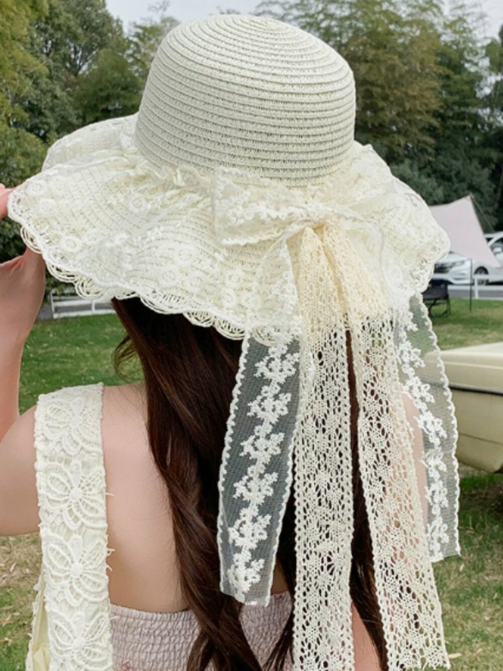 🤍Cream Lace Bow Wide Brim Woven Straw Sun Hat